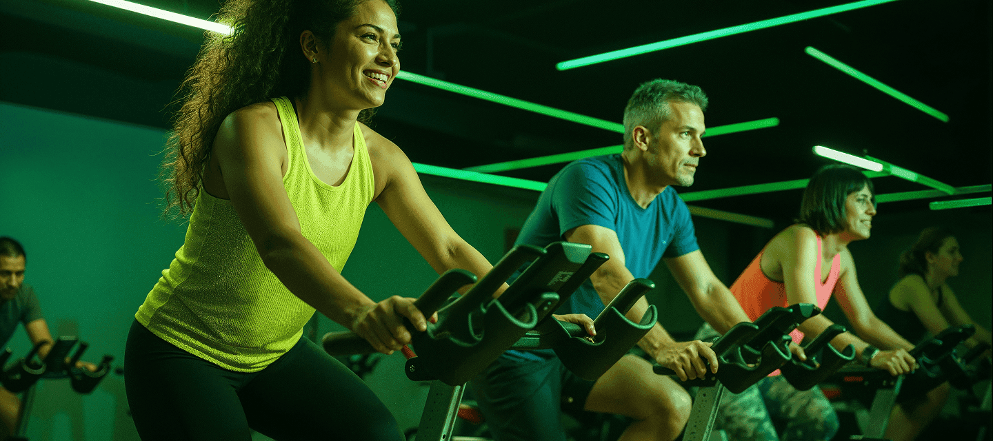 Aluna pedala em aula de Smart Bike na Smart Fit