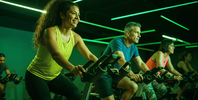 Aluna pedala em aula de Smart Bike na Smart Fit