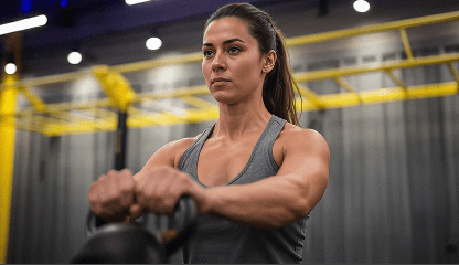 Aluna usando kettlebell no treino funcional da Smart Fit