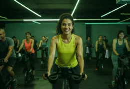 Grupo de pessoas em aula de spinning animada