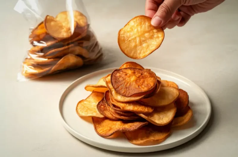 Mão segurando uma batata-doce frita sobre uma pilha de batatas fritas