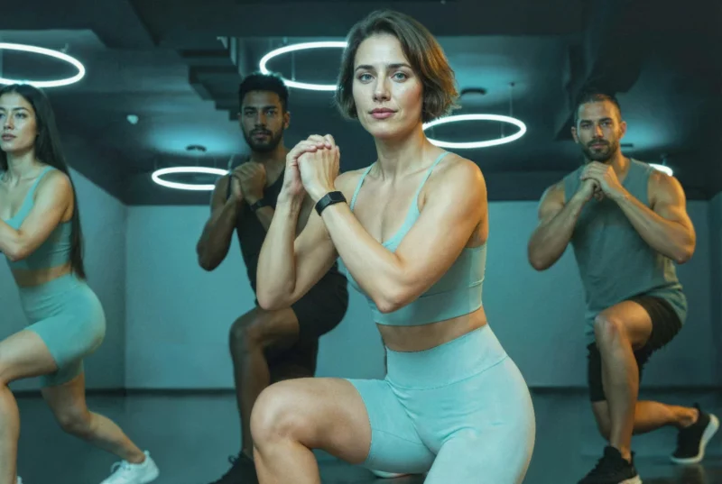 Grupo de pessoas malhando em uma academia moderna