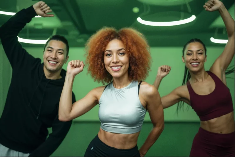 Grupo de pessoas se exercitando com alegria