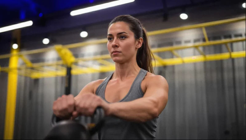 Mulher treinando com kettlebell na academia