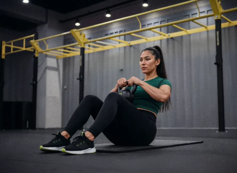 Mulher treinando com kettlebell na academia