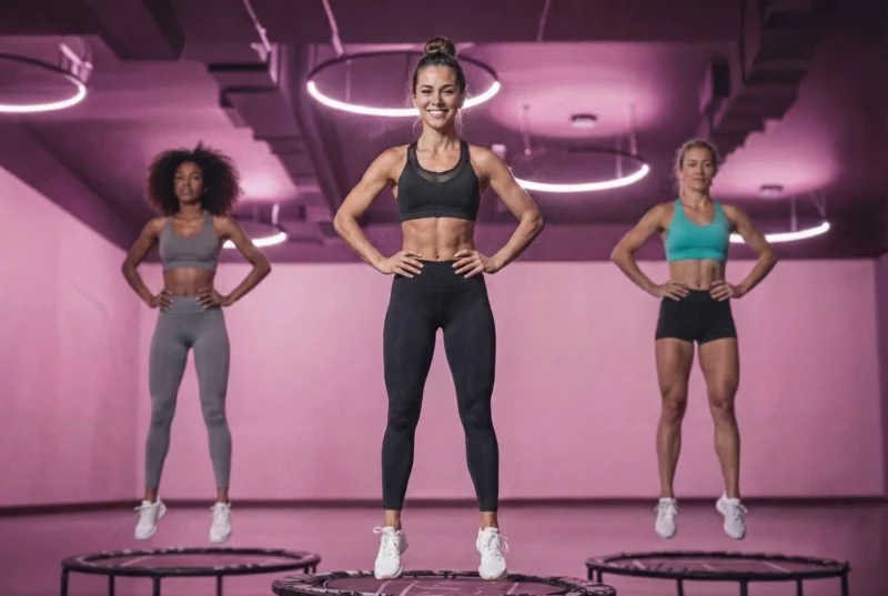 Três mulheres se exercitando em trampolins.