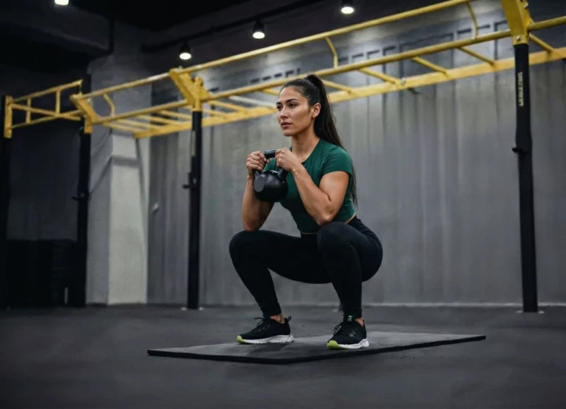 Mulher fazendo agachamento com kettlebell