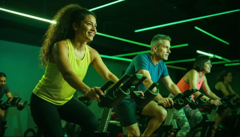 Pessoas se exercitando em aula de spinning