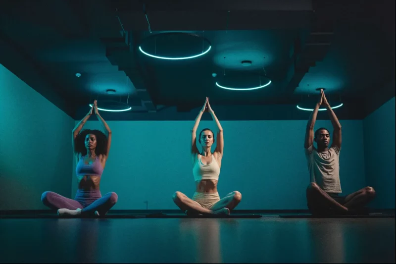 Três pessoas meditando em uma sala com luz azul.