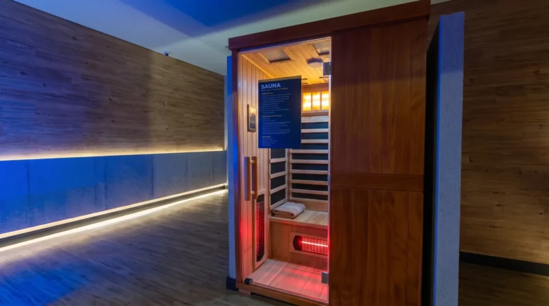 Interior de uma sauna moderna com luzes LED