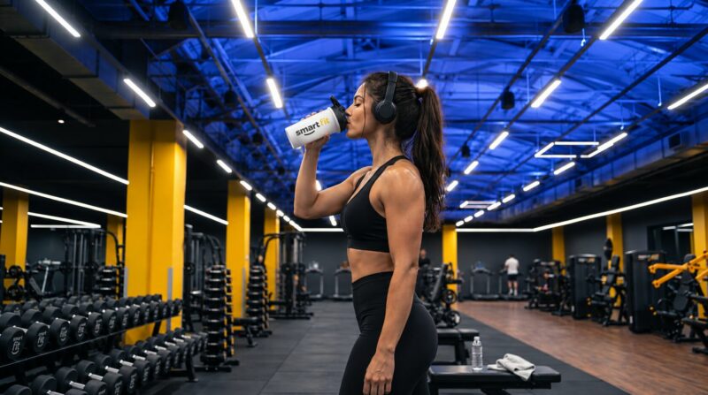 Mulher malhando e bebendo proteína na academia